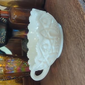 Vintage Milk Glass Bowl with handle 7" x 5.5" x 2.5"